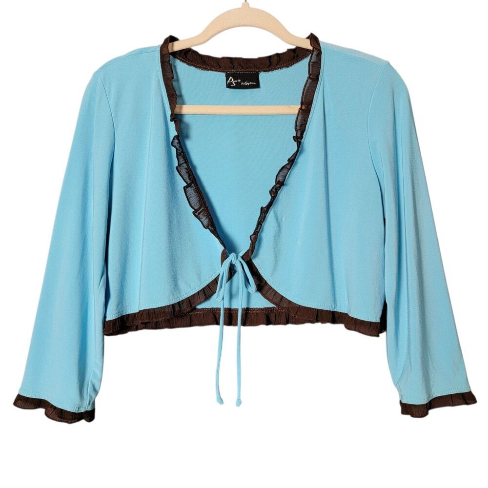 VTG PerSeption Womens Blue Brown Y2K Ruffle Trim Front Tie Shrug Cardigan Top M